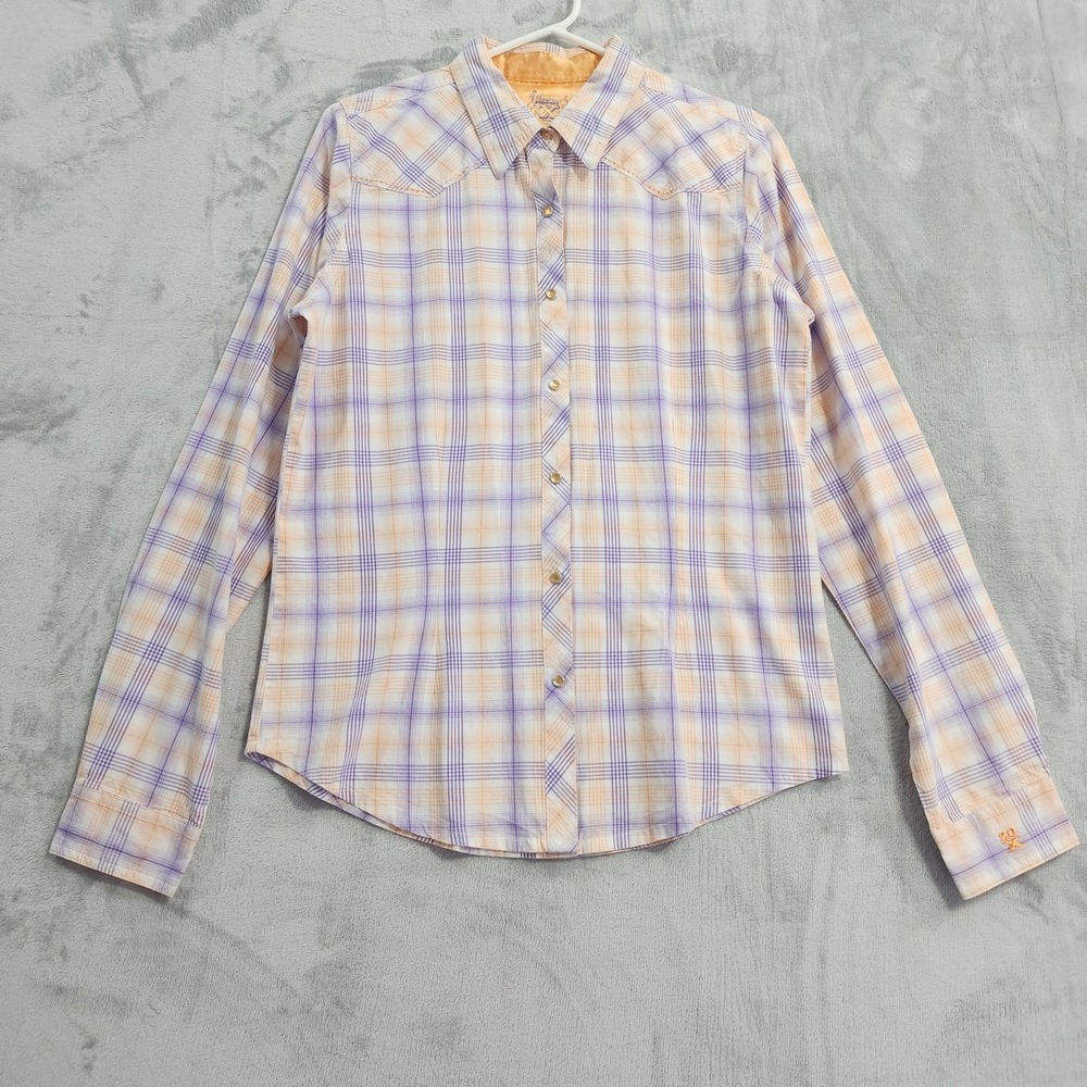 Twenty X Top Women M Purple Orange Plaid Pearl Snap Long Sleeve Western Tailored